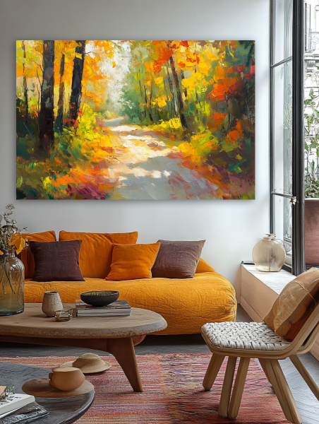 Saulės spinduliais nušviestas miško takas paveikslas jaukioje bohemiško stiliaus svetainėje su geltona sofa ir rudens akcentais