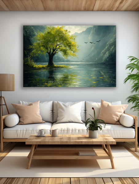 Medis prie kalnų ežero paveikslas šviesioje modernioje svetainėje su balta sofa ir natūralaus medžio interjeru