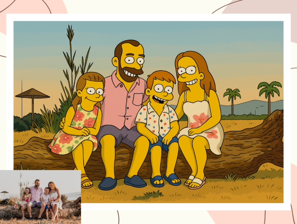 Šeimos nuotrauka paplūdimyje paversta į geltonos animacijos stiliaus portretą – prieš ir po