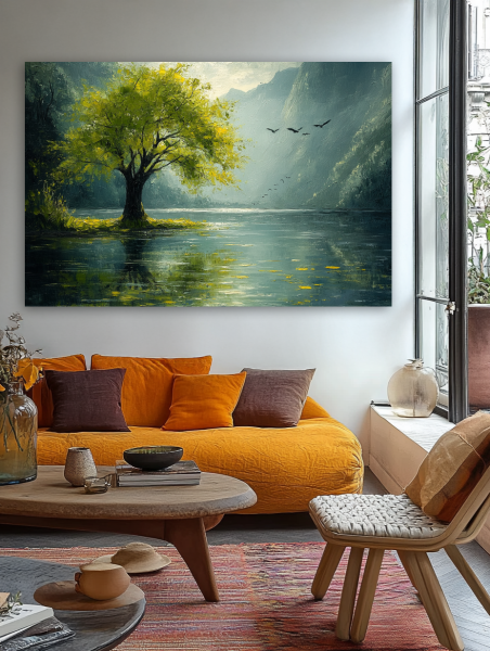 Medis prie kalnų ežero paveikslas jaukioje bohemiško stiliaus svetainėje su geltona sofa ir rudens akcentais