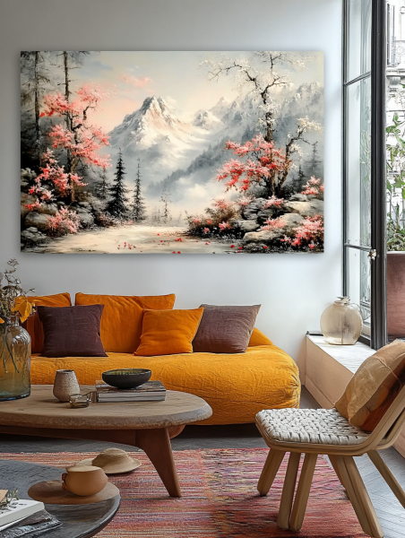Pavasario tyla kalnuose paveikslas jaukioje bohemiško stiliaus svetainėje su geltona sofa ir rudens akcentais