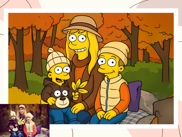Rudens sezono šeimos nuotrauka paversta į geltonos animacijos stiliaus portretą – prieš ir po
