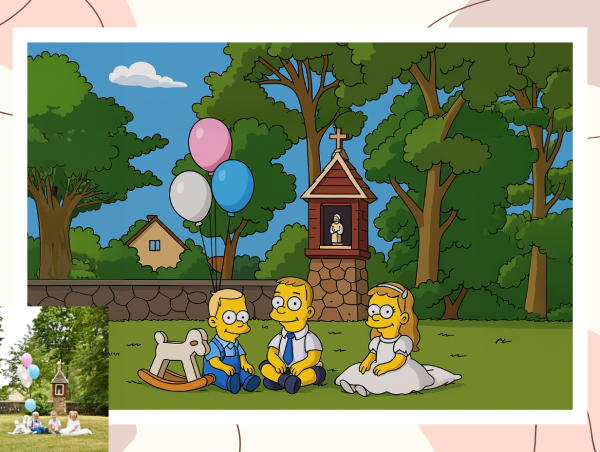 Vaikų šventės nuotrauka paversta į geltonos animacijos stiliaus paveikslą – prieš ir po