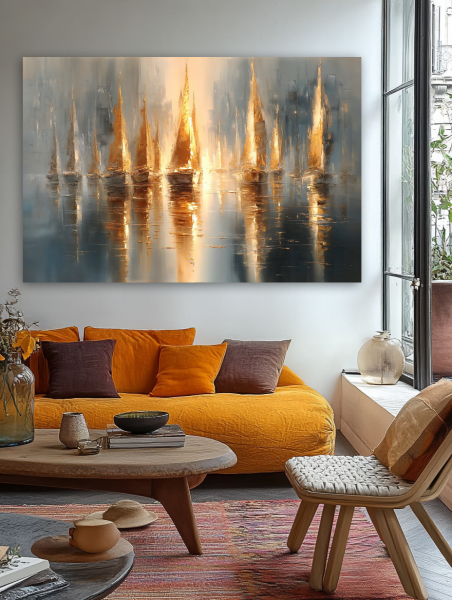 Auksinės burės paveikslas jaukioje bohemiško stiliaus svetainėje su geltona sofa ir rudens akcentais
