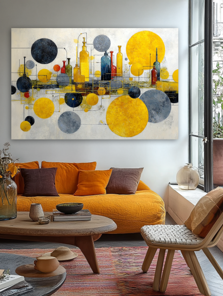 Geometrinė kompozicija su buteliais paveikslas jaukioje bohemiško stiliaus svetainėje su geltona sofa ir rudens akcentais