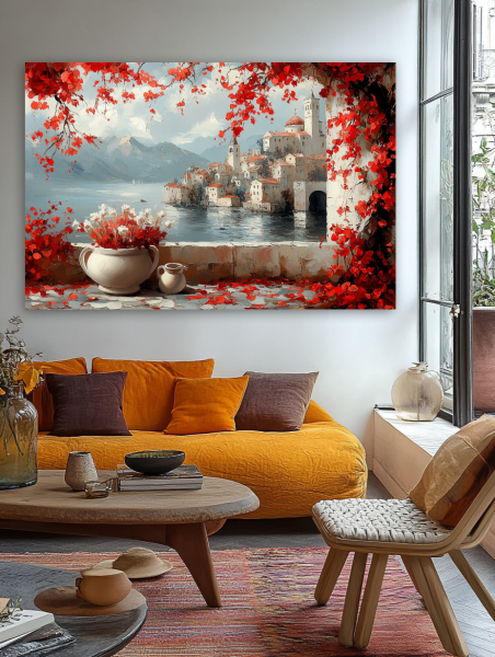 Viduržemio jūros miestelis rudens apsuptyje paveikslas jaukioje bohemiško stiliaus svetainėje su geltona sofa ir rudens akcentais
