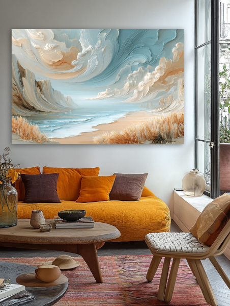 Vėjo šnabždesiai prie uolų paveikslas jaukioje bohemiško stiliaus svetainėje su geltona sofa ir rudens akcentais