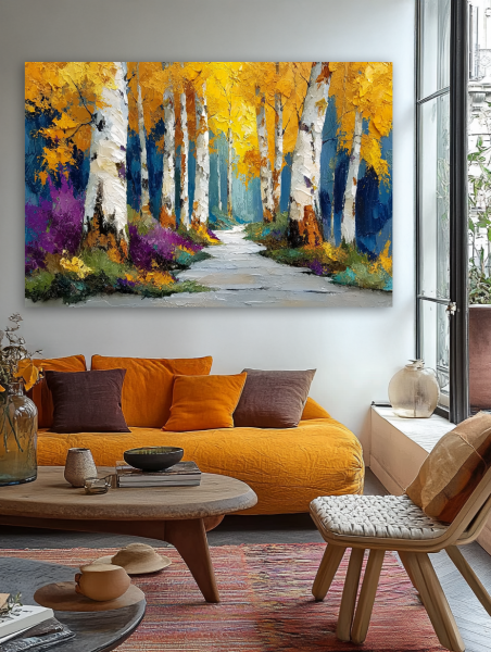 Rudens beržynas paveikslas jaukioje bohemiško stiliaus svetainėje su geltona sofa ir rudens akcentais