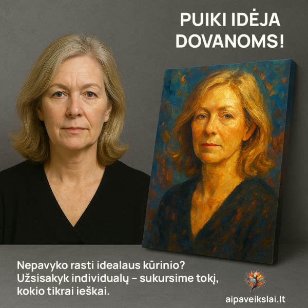 Vyresnio amžiaus moters portretas ir meniškas paveikslas ant drobės, sukurtas pagal nuotrauką.