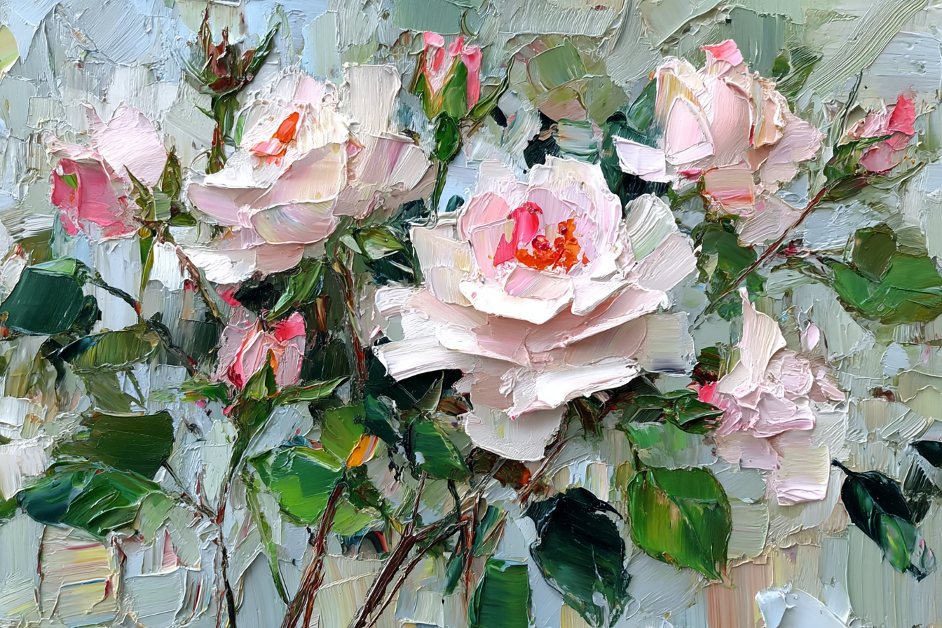 Rožių žiedų šokis paveikslas su švelniais rožiniais žiedais ir sodria žaluma