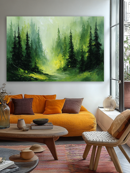 Miško ramybė paveikslas jaukioje bohemiško stiliaus svetainėje su geltona sofa ir rudens akcentais