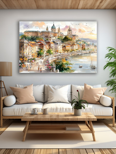 Romantiškas miestas prie upės paveikslas šviesioje modernioje svetainėje su balta sofa ir natūralaus medžio interjeru