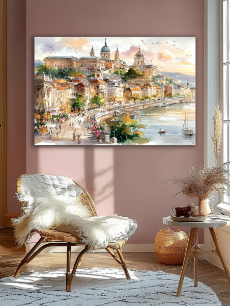 Romantiškas miestas prie upės paveikslas romantiškoje šviesioje svetainėje su rožinėmis sienomis ir pintu foteliu