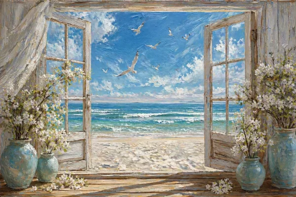 Paveikslas su atvirais langais į jūrą, paplūdimiu, bangomis ir skraidančiais paukščiais