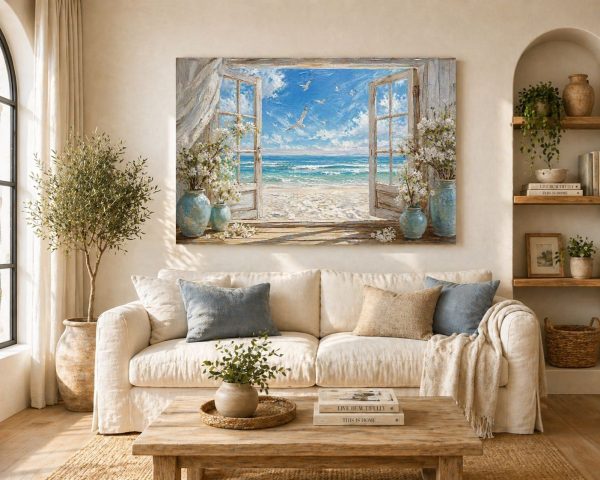 Atviri langai į jūros horizontą su bangomis, mėlynu dangumi ir gėlėmis vazose