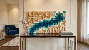 Modernus medinis paveikslas su reljefiniu paviršiumi pastatytas ant konsolės su dekoracijomis