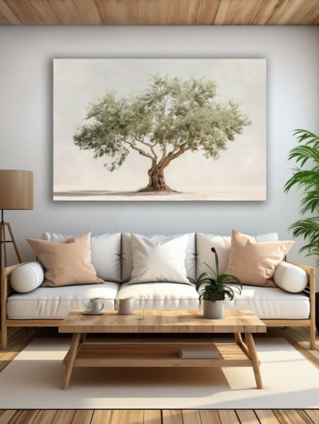 Senovinis alyvmedis ramybės peizaže paveikslas šviesioje modernioje svetainėje su balta sofa ir natūralaus medžio interjeru