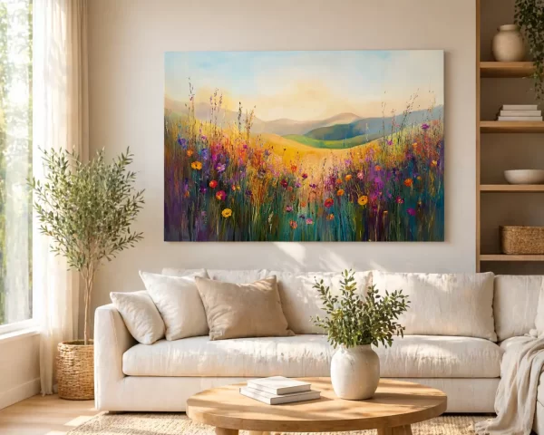 Spalvingas gėlių pievos paveikslas su kalnais šviesiame minimalistiniame svetainės interjere