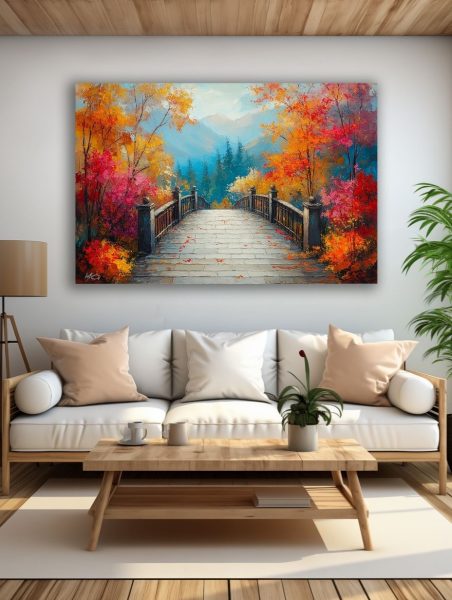 Rudens tiltas paveikslas šviesioje modernioje svetainėje su balta sofa ir natūralaus medžio interjeru