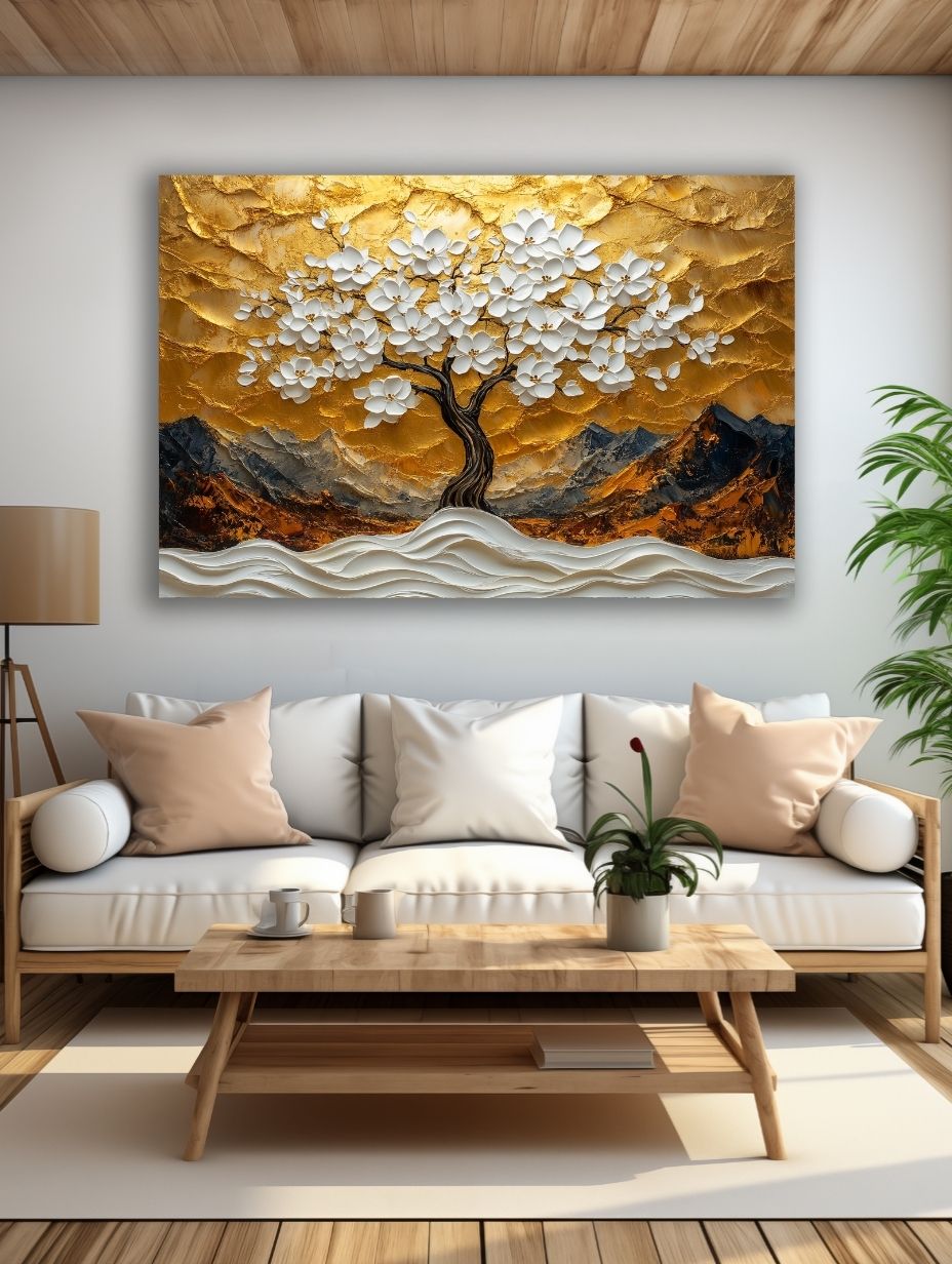 Šviesi moderni svetainė su auksinių tonų gamtos paveikslu virš baltos sofos ir medinio kavos staliuko