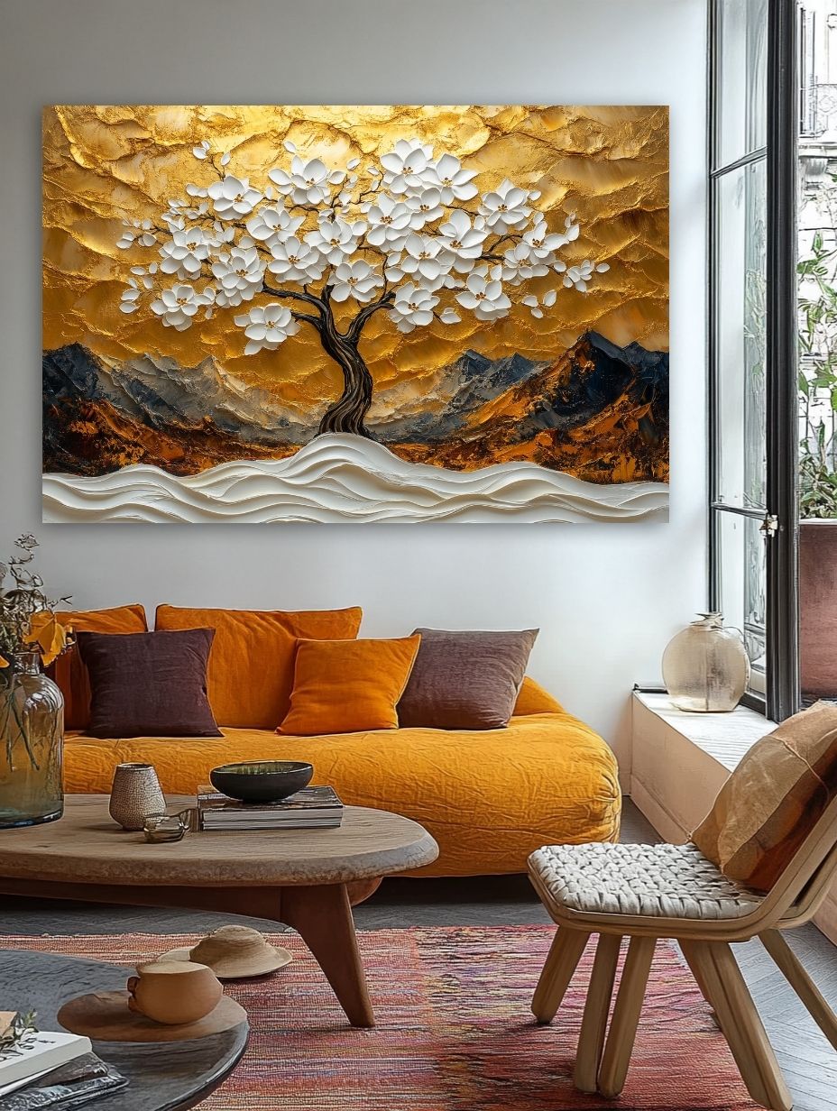 Elegantiškas interjeras su tamsia siena ir prabangiu auksinių atspalvių gamtos paveikslu