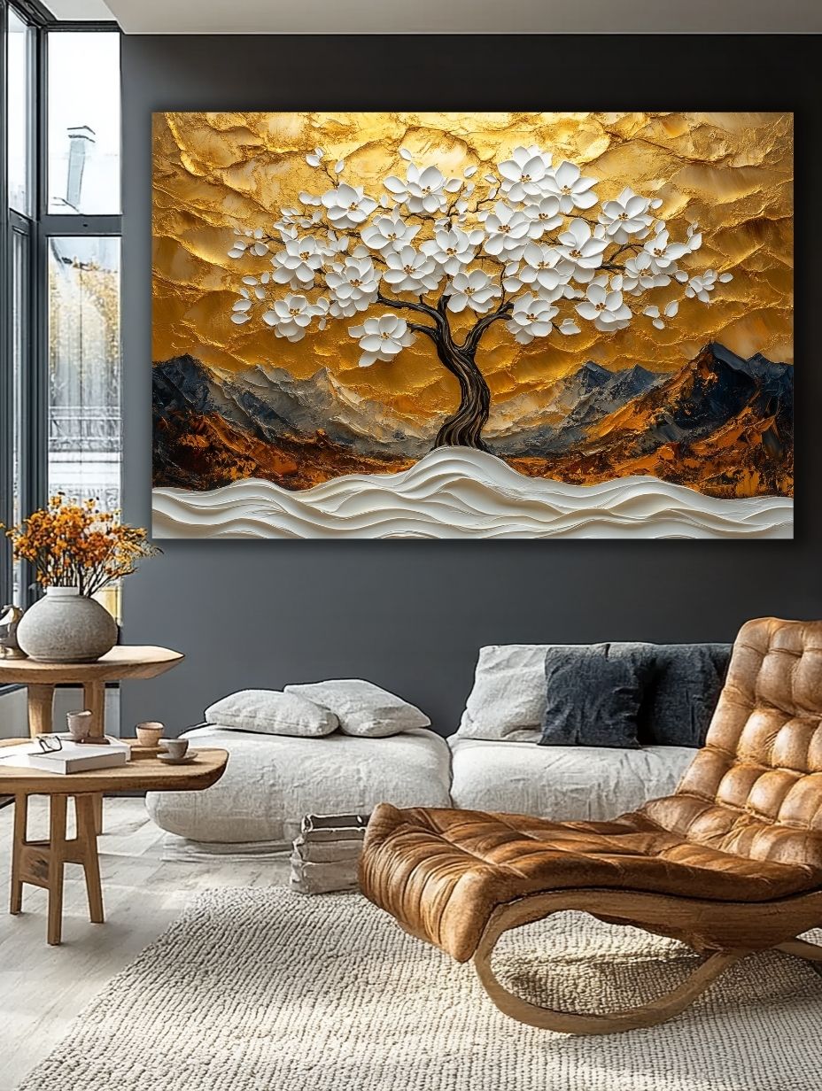 Romantiško stiliaus svetainė su rožinėmis sienomis ir auksinių tonų gamtos paveikslu