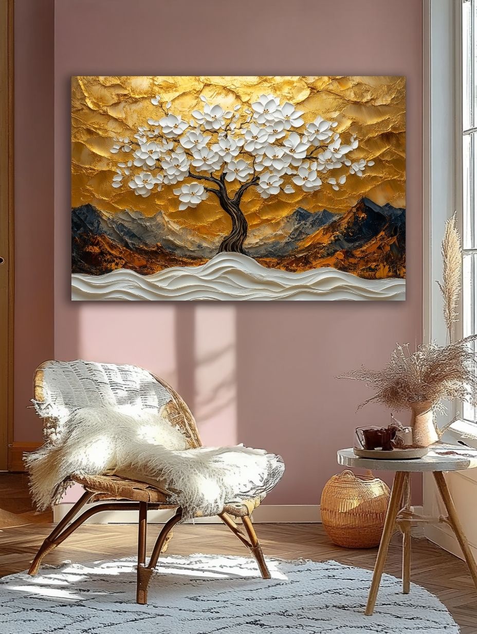 Klasikinis interjeras su geltona siena ir dekoratyviu auksinių atspalvių gamtos paveikslu