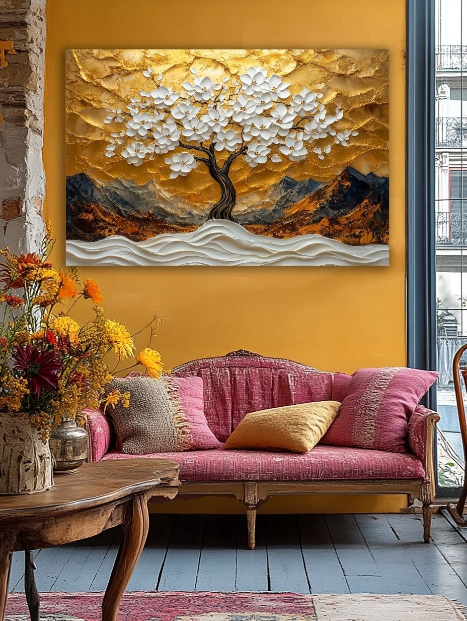 Šiuolaikiška virtuvės ir valgomojo erdvė su horizontaliu auksinės gamtos paveikslu ant sienos