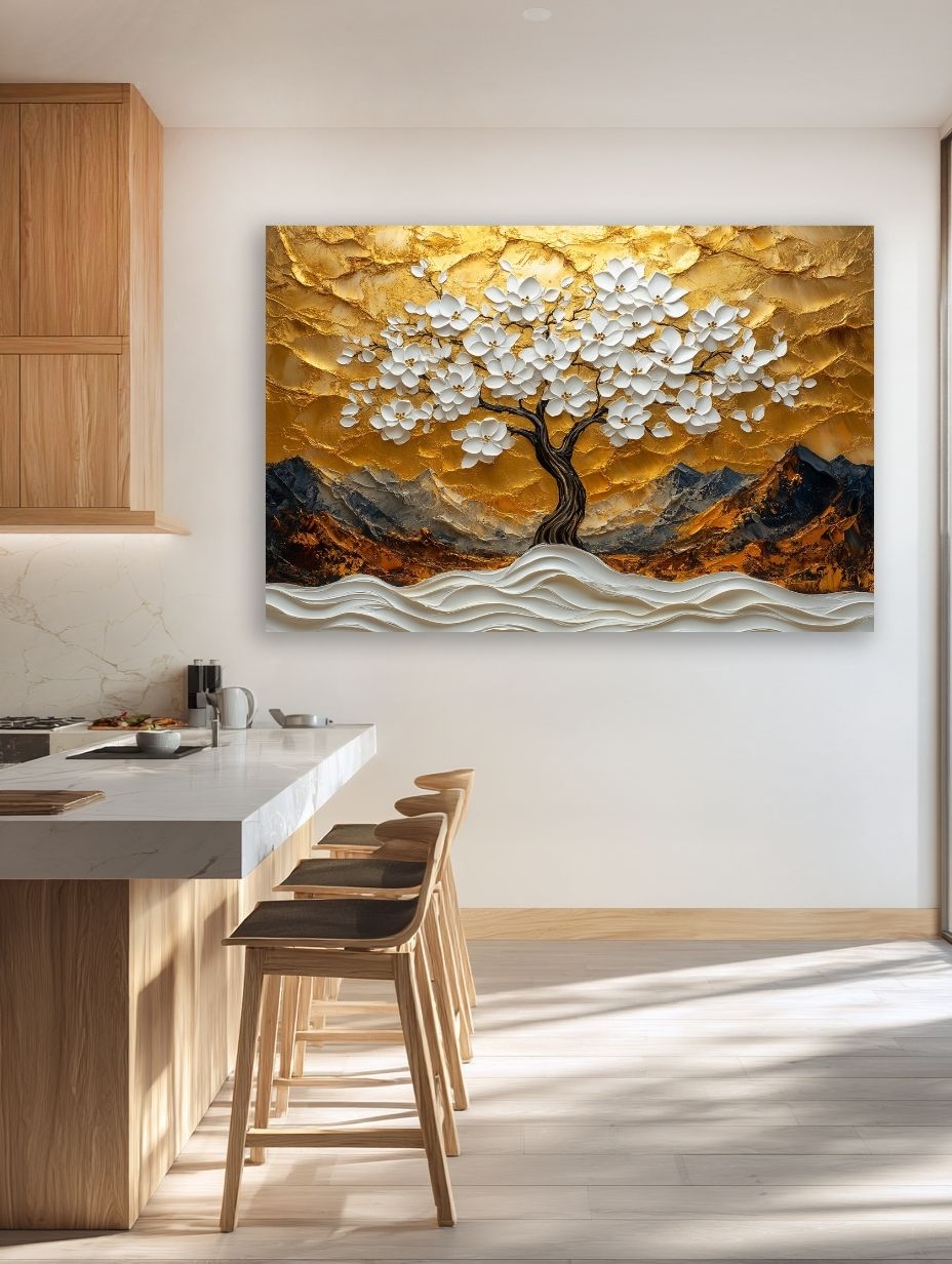 Šviesi svetainė su natūraliais akcentais ir auksinių tonų gamtos paveikslu ant sienos