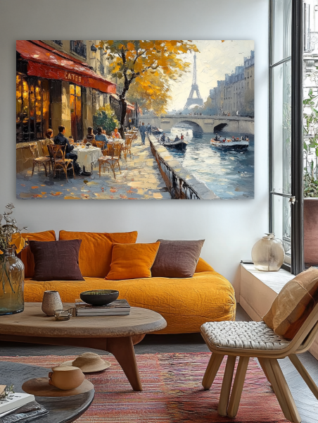 Rudens popietė Paryžiuje paveikslas jaukioje bohemiško stiliaus svetainėje su geltona sofa ir rudens akcentais