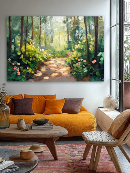 Saulės takas paveikslas jaukioje bohemiško stiliaus svetainėje su geltona sofa ir rudens akcentais