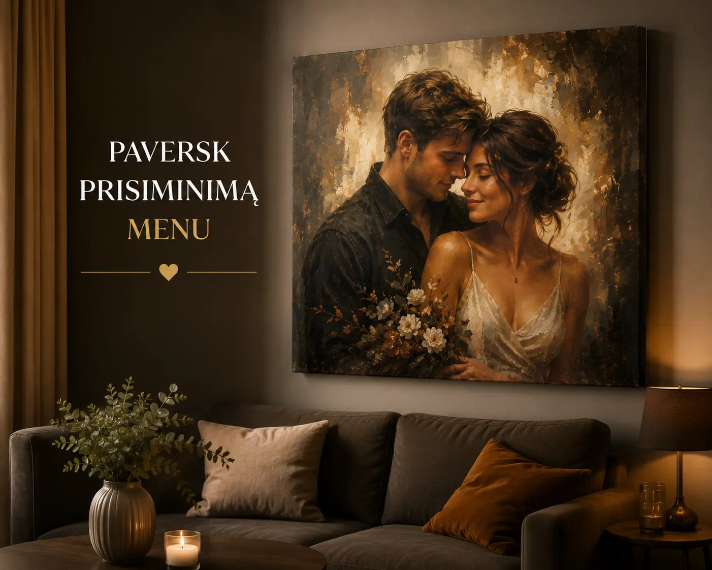 Romantiškas poros paveikslas iš nuotraukos ant drobės svetainės interjere