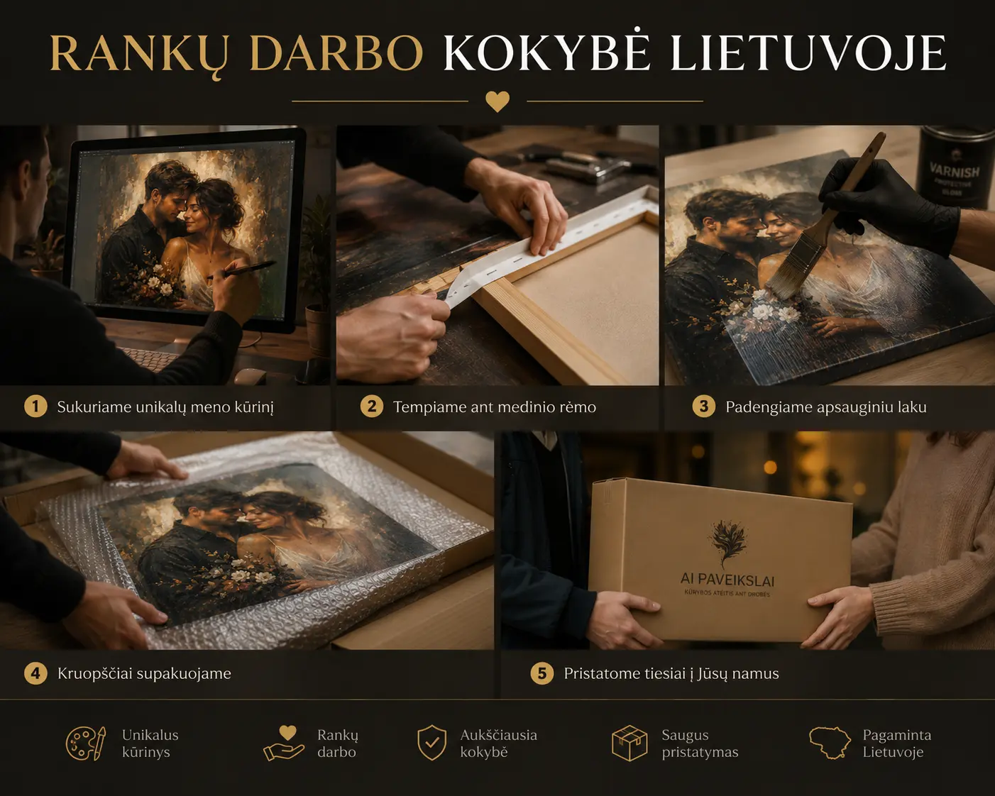 Rankų darbo paveikslų ant drobės gamybos procesas Lietuvoje nuo kūrimo iki pristatymo