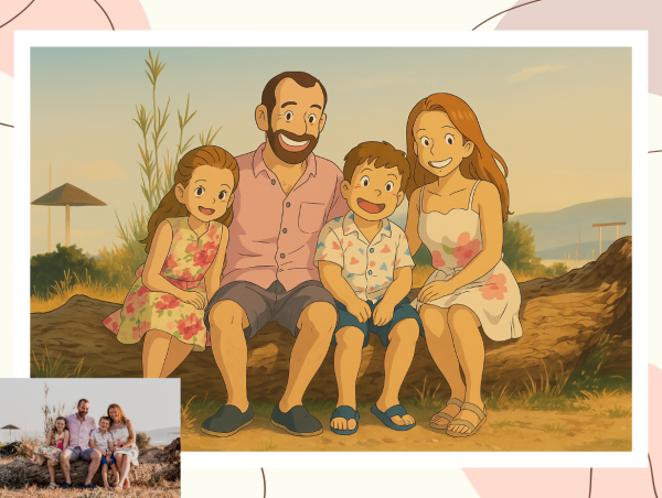 Šeimos nuotrauka pajūryje paversta į anime (Ghibli įkvėpto) stiliaus portretą – prieš ir po