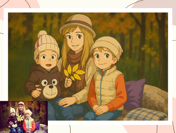 Rudens šeimos nuotrauka paversta į anime (Ghibli įkvėpto) stiliaus portretą – prieš ir po