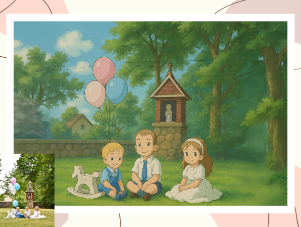 Vaikų šventės nuotrauka gamtoje paversta į anime (Ghibli įkvėpto) stiliaus portretą – prieš ir po