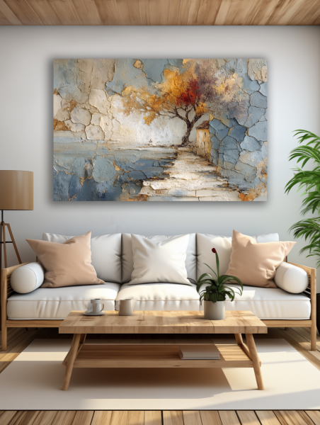 Rudens medis prie ežero paveikslas šviesioje modernioje svetainėje su balta sofa ir natūralaus medžio interjeru