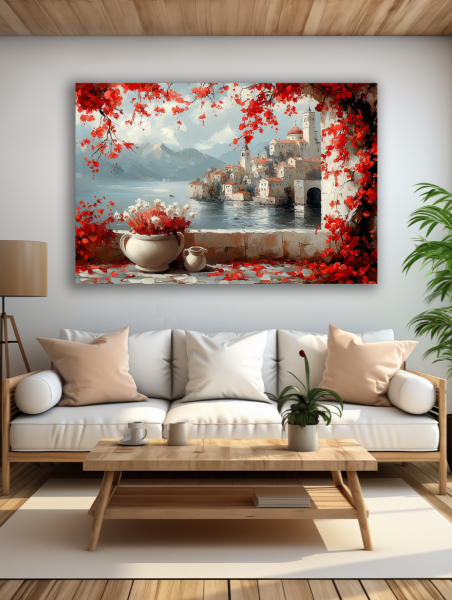 Viduržemio jūros miestelis rudens apsuptyje paveikslas šviesioje modernioje svetainėje su balta sofa ir natūralaus medžio interjeru