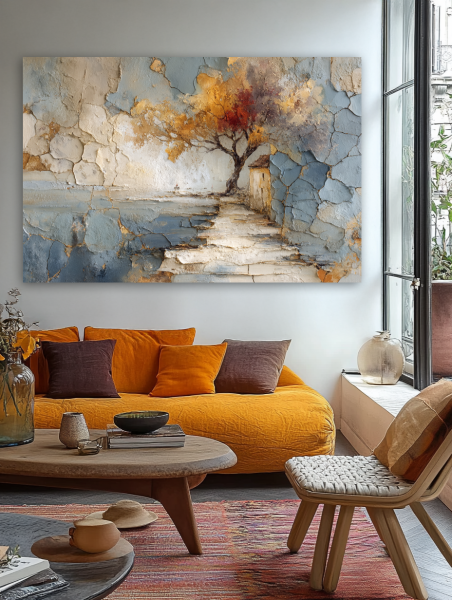 Rudens medis prie ežero paveikslas jaukioje bohemiško stiliaus svetainėje su geltona sofa ir rudens akcentais