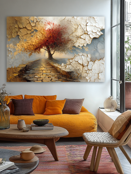 Aukso takas rudens rytą paveikslas jaukioje bohemiško stiliaus svetainėje su geltona sofa ir rudens akcentais