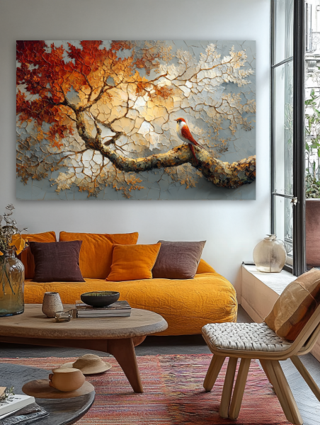 Rudens šviesoje nutūpęs paukštis paveikslas jaukioje bohemiško stiliaus svetainėje su geltona sofa ir rudens akcentais