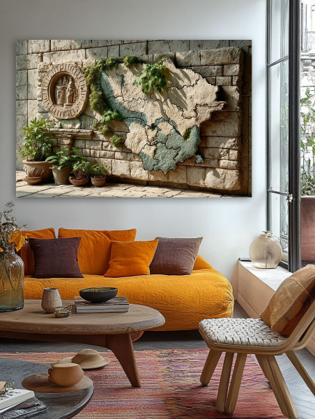 Lietuvos žemėlapis iš akmens paveikslas jaukioje bohemiško stiliaus svetainėje su geltona sofa ir rudens akcentais