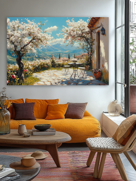 Pavasario terasa su kalnų panorama paveikslas jaukioje bohemiško stiliaus svetainėje su geltona sofa ir rudens akcentais