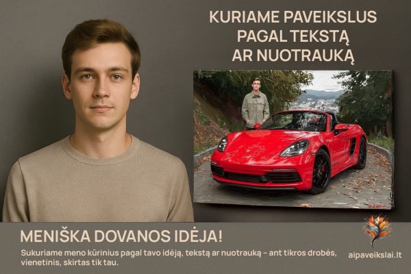 Jauno vaikino portretas šalia meninio paveikslo su raudonu kabrioletu – individualus kūrinys pagal tekstą ar nuotrauką.