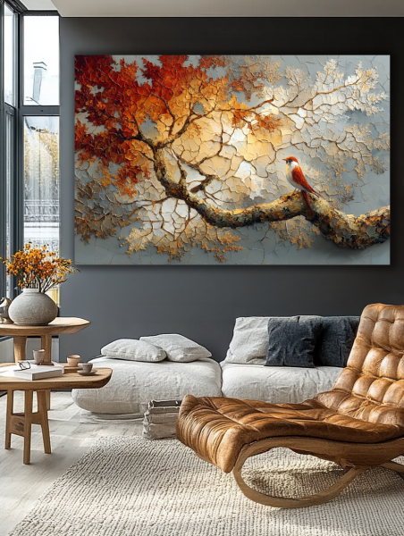 Rudens šviesoje nutūpęs paukštis paveikslas elegantiškoje svetainėje su tamsiomis sienomis ir odiniu foteliu