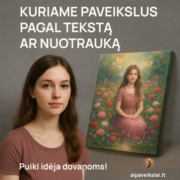 Jaunos merginos portretas ir meniškas paveikslas gėlių sode, sukurtas pagal nuotrauką arba aprašymą.