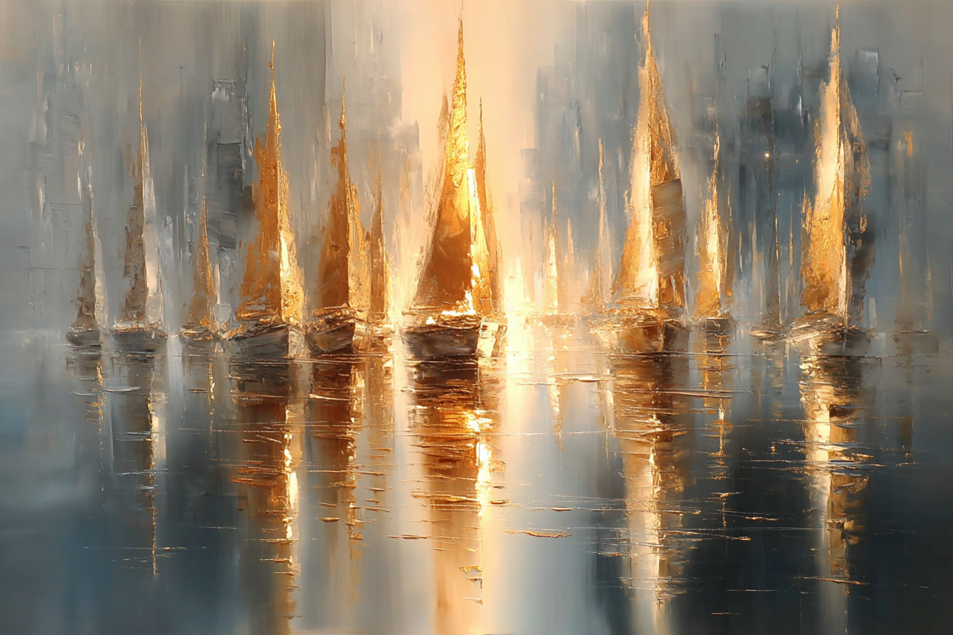 Auksinės burės – burlaivių paveikslas su spindinčiomis burėmis ir vandens atspindžiais
