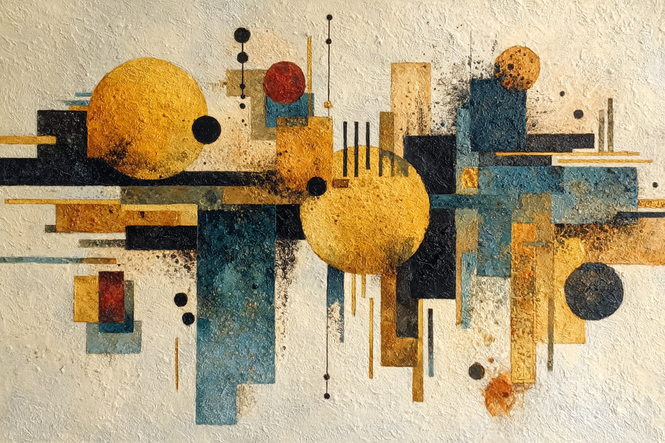 Abstraktus geometrinis paveikslas su auksiniais ir tamsiais elementais