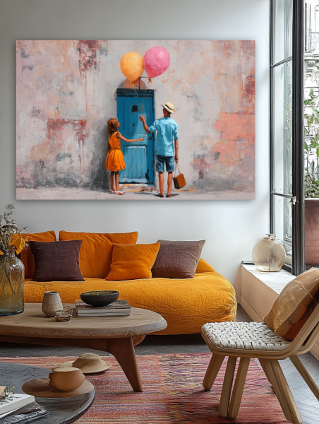 Laimės akimirka prie mėlynų durų paveikslas jaukioje bohemiško stiliaus svetainėje su geltona sofa ir rudens akcentais