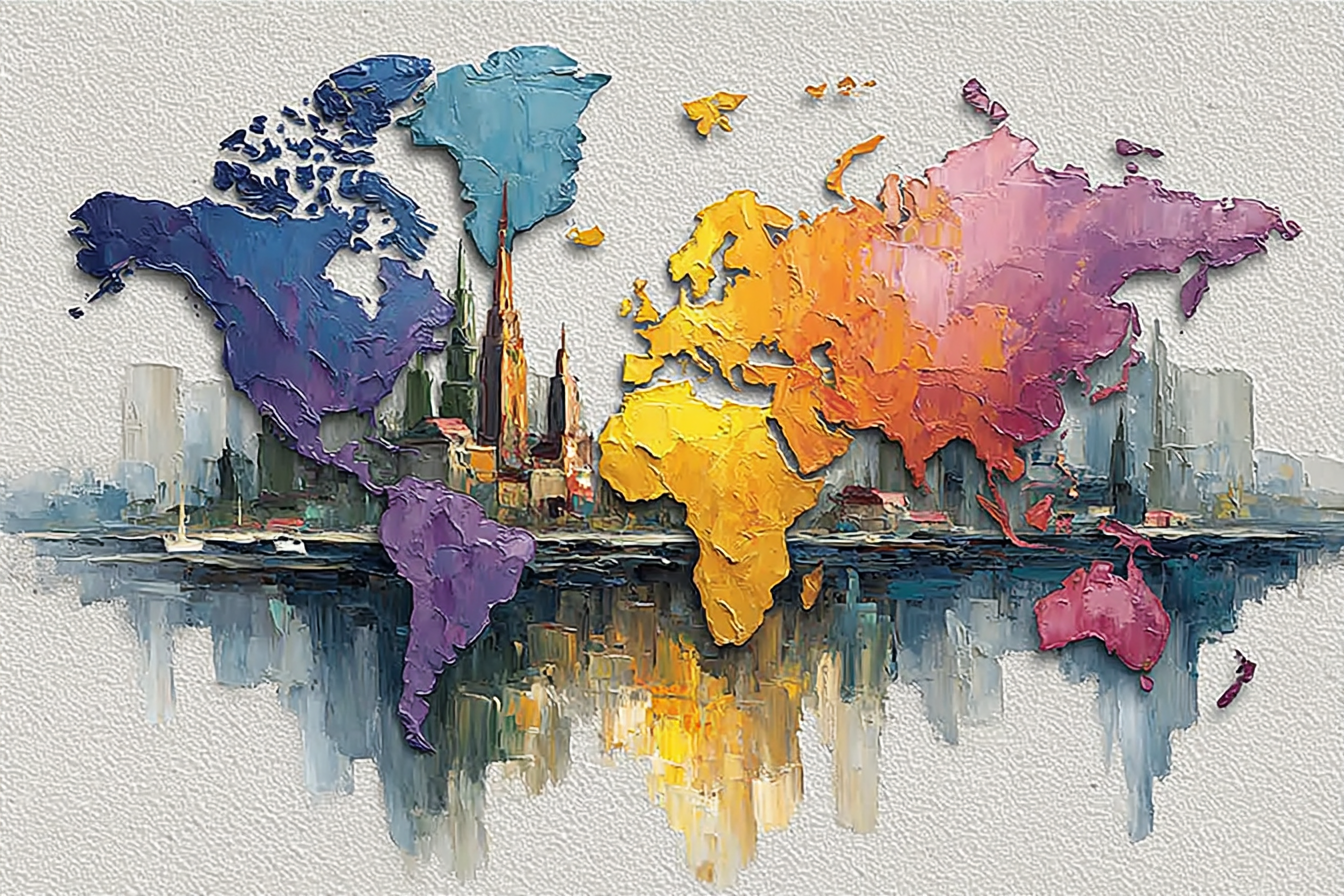 Spalvotas pasaulio žemėlapis paveikslas su miesto siluetu tekstūriniu stiliumi ant drobės